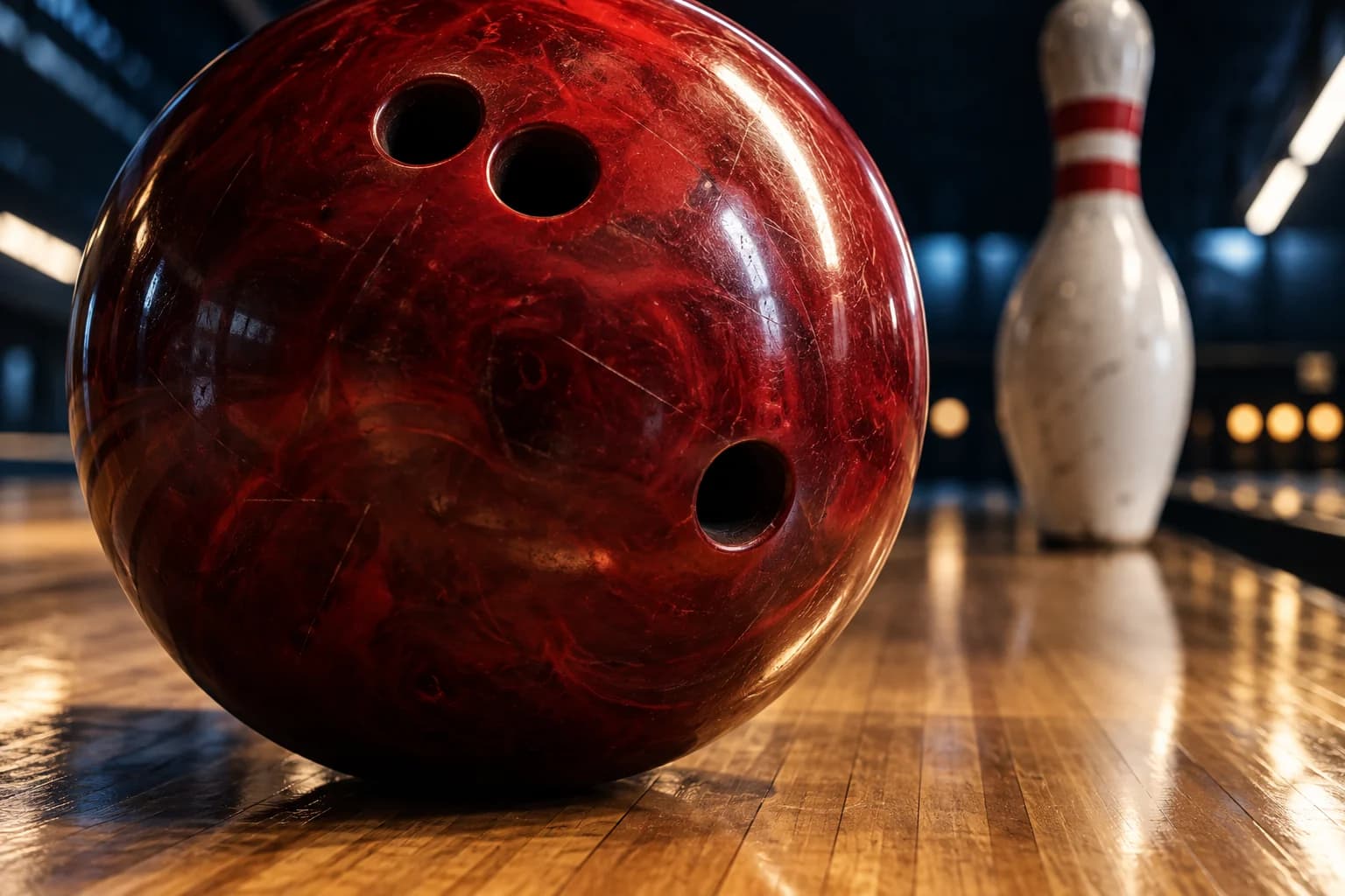 Detail van rode bowlinghars en drie vingergaten
