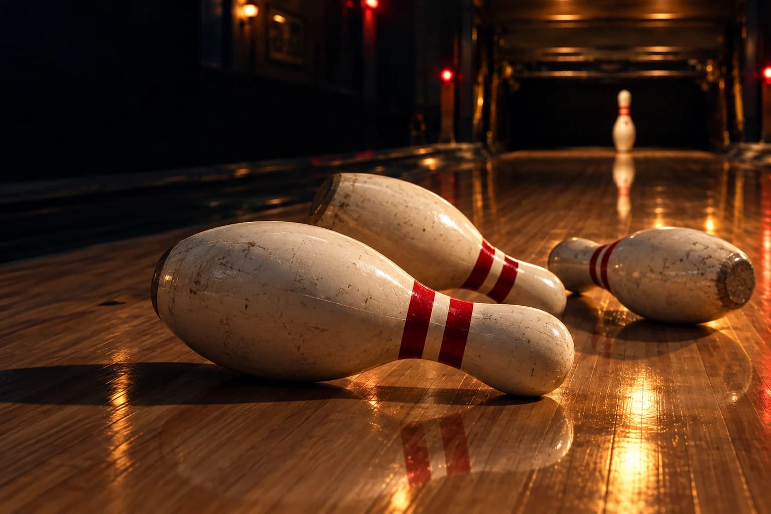 Sfeerbeeld van bowlingpins op de houten baan