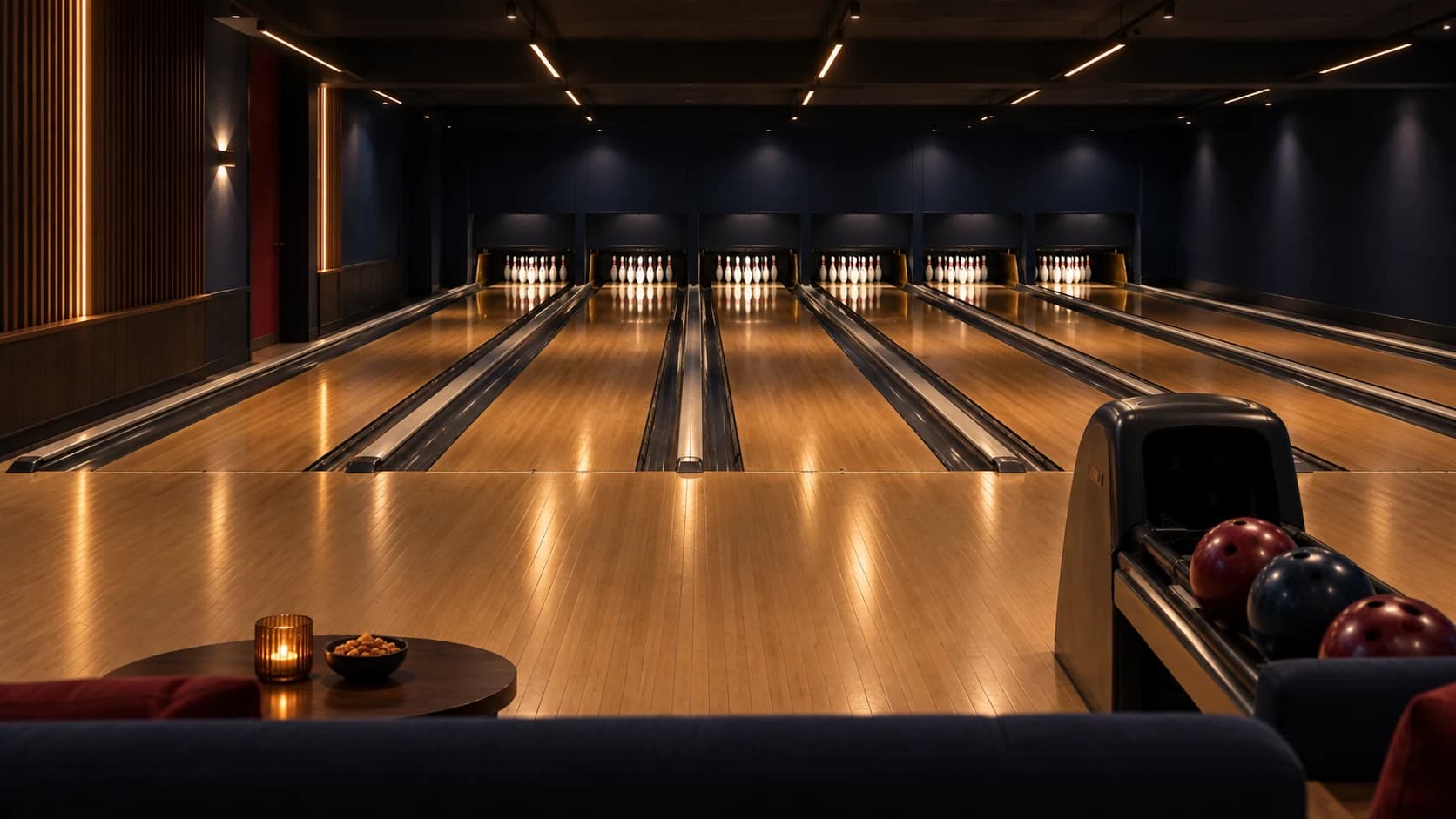 Sfeerbeeld van bowlingbanen met warm licht