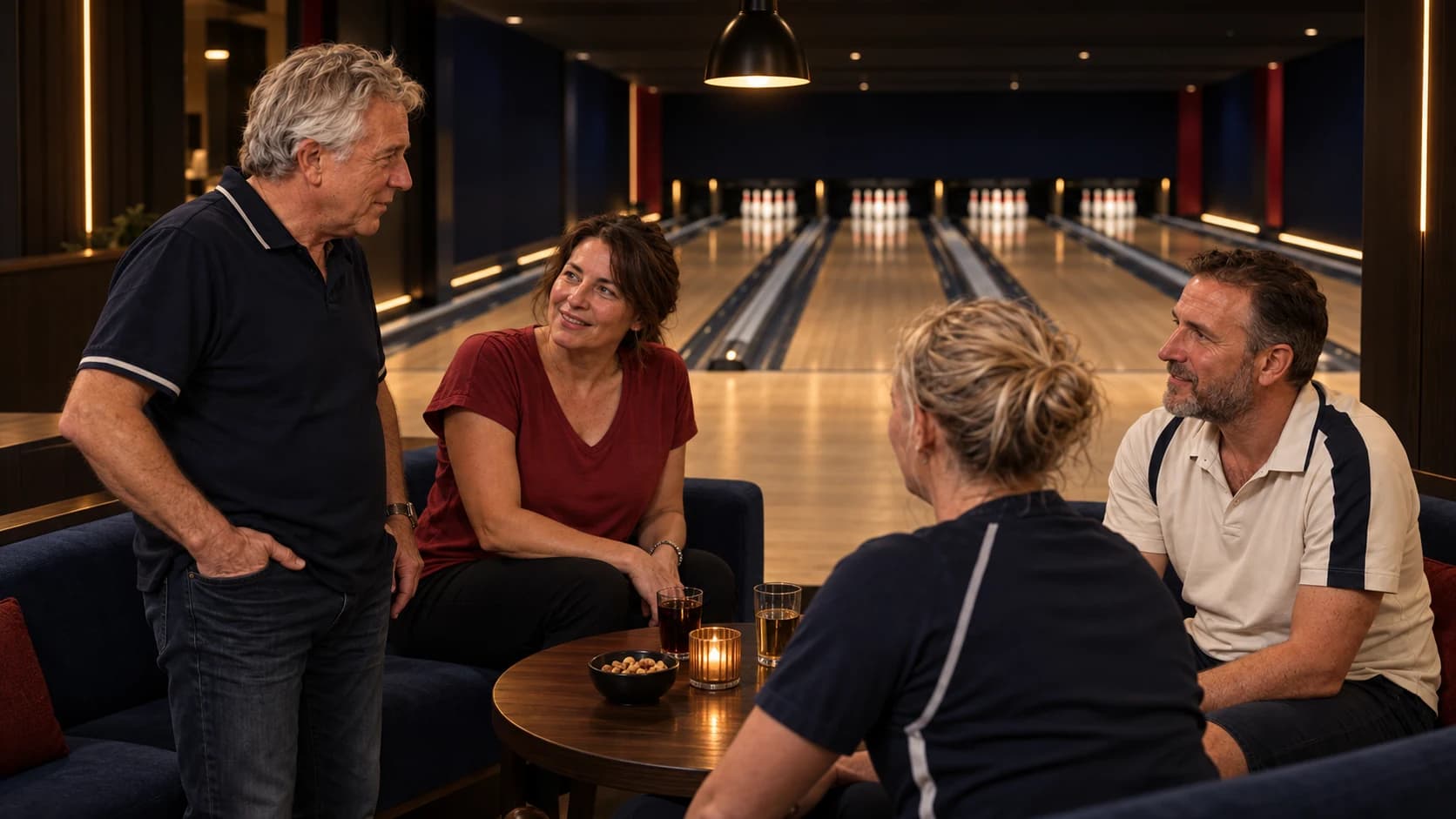 Sfeerbeeld van bowlers in gesprek bij de zitjes vóór de banen